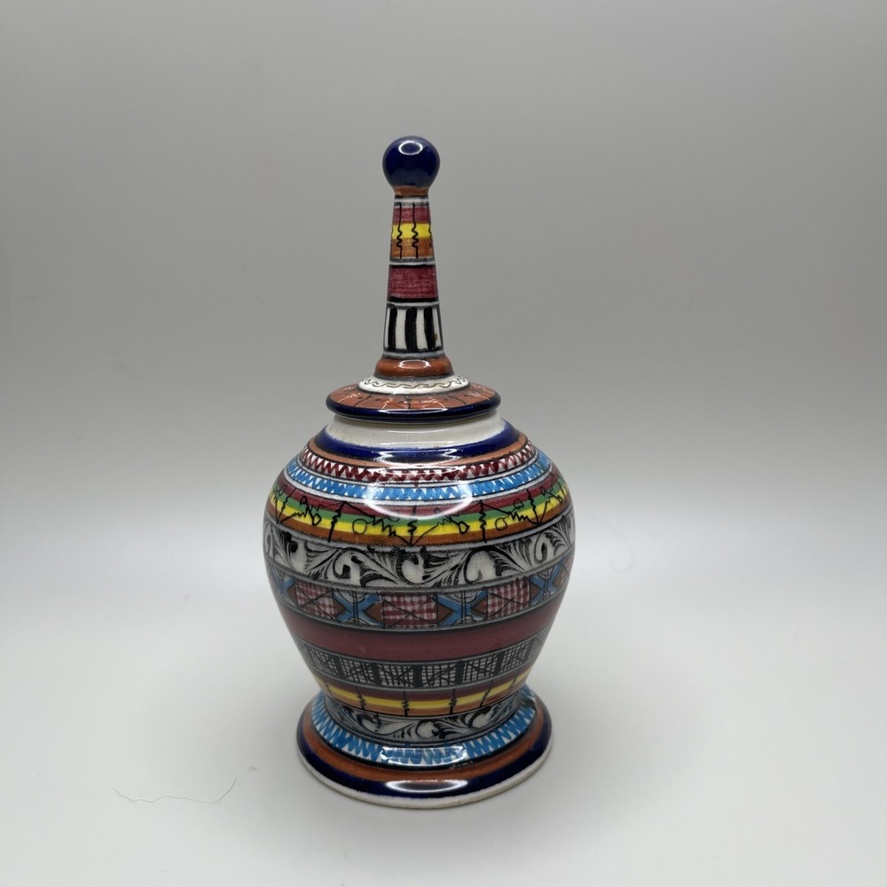 Vintage Mexican Folk‎ Art Pottery Lid Urn Jar Hand Painted Signed Dolores Avalos